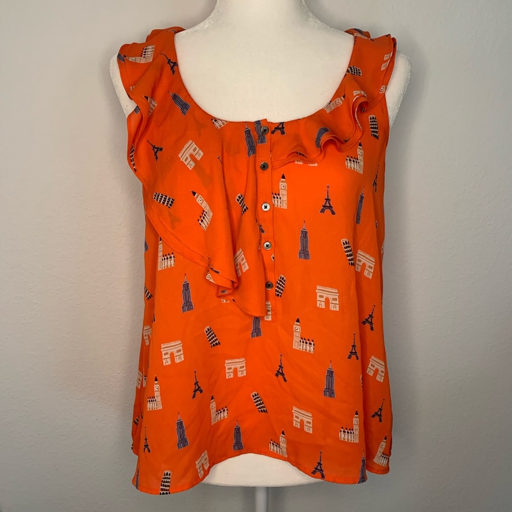 Anthropologie Maeve Aurelie Orange Eiffel Tower Ruffle Tank
